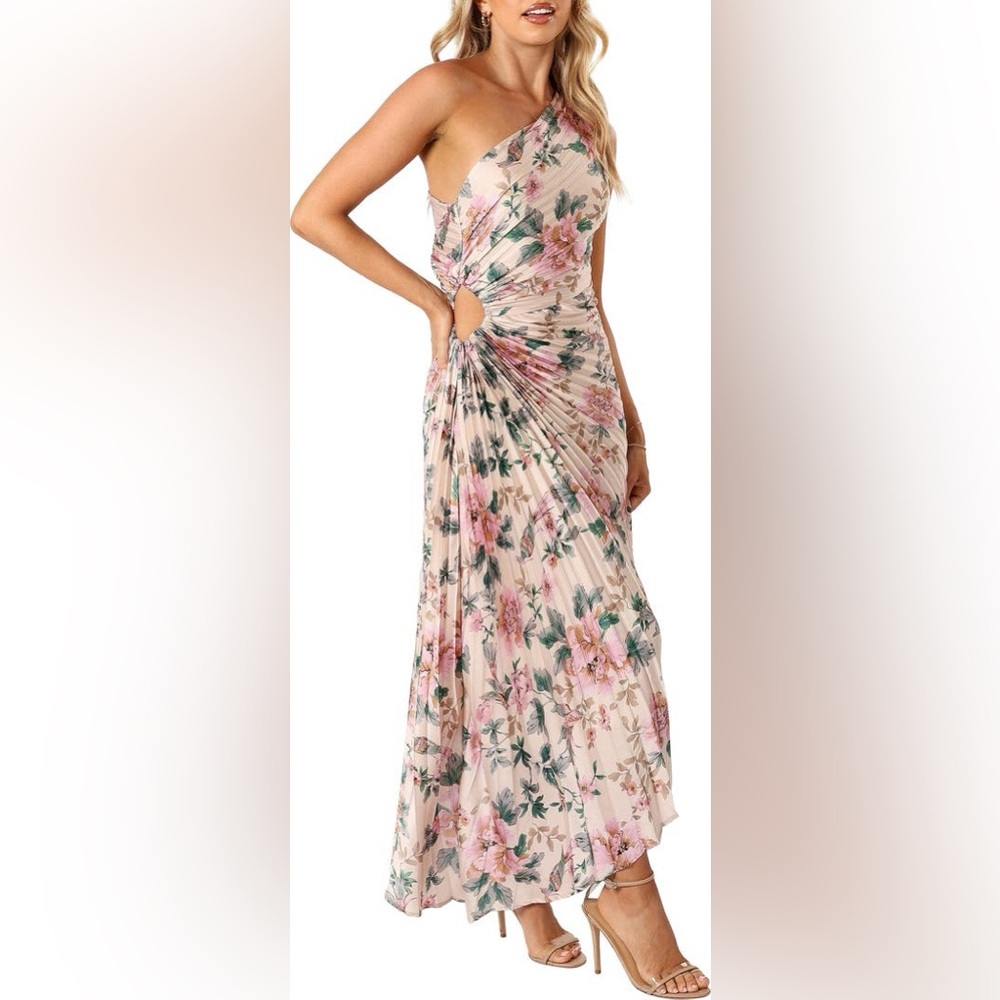 Petal & Pup One-Shoulder Floral Cutout Maxi Dress in Blush and Green